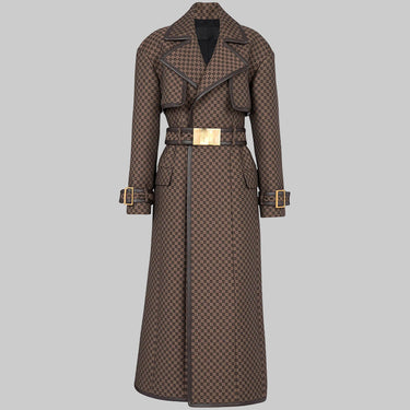 Autumn Winter Star Belt Jacquard Maze Pattern Long Trench Coat - Modestly Vogue